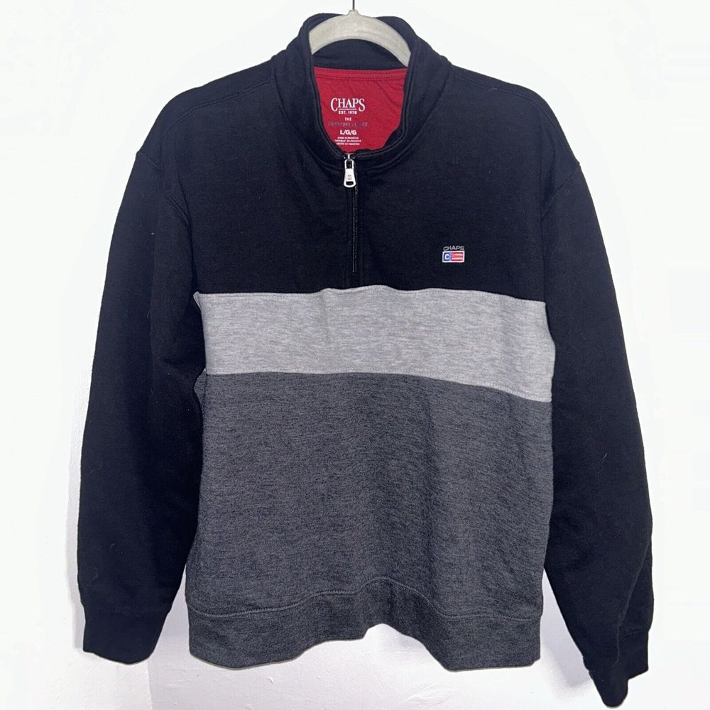 Chaps Sweater Mens Large  Black -Gray 1/4 Zip Preppy‎ Mock Neck Fleece Pullover